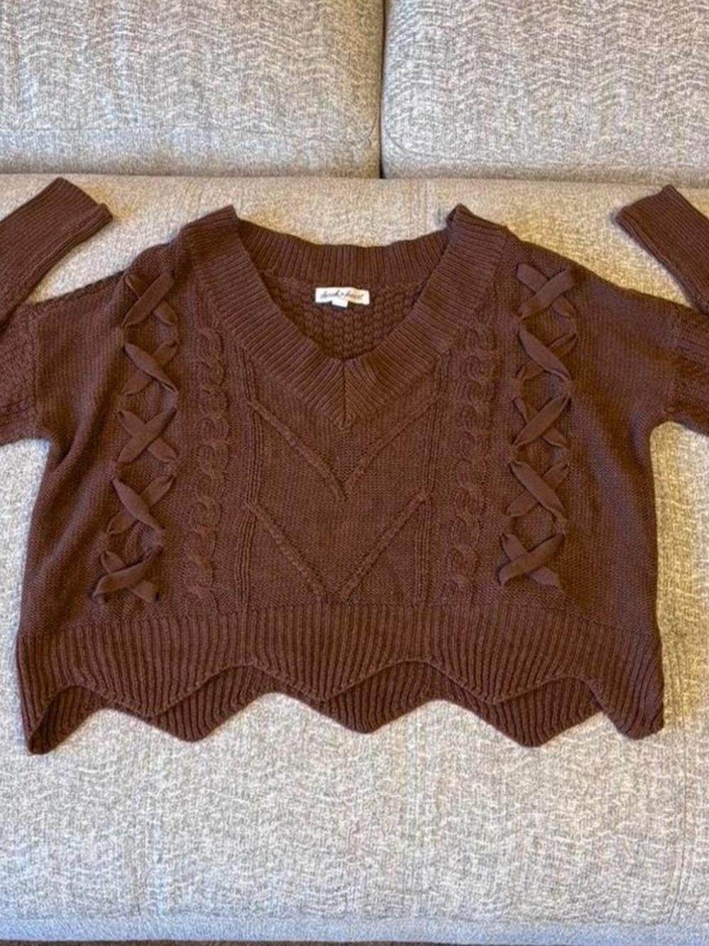 Derek Heart Chocolate Brown V-Neck Cable Knit Sweater with Ribbon Accents